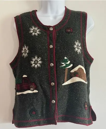 Woolrich Women Holiday Sweater Vest S Green Lambs Wool Plaid Grandmacore