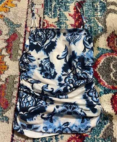 ZARA NWT  Blue and White Paisley Ruched Tank Top