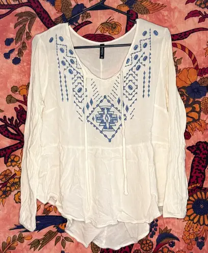 Massini White & Blue Embroidered Flowy Long-Sleeve