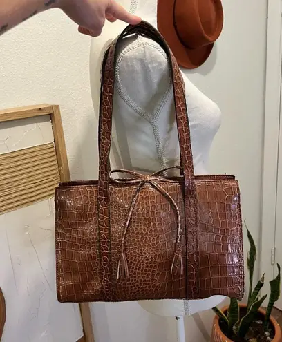 Liz Claiborne Vintage 90s  Brown Snake Leather Bow Detail Shoulder Bag