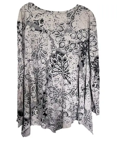 Peruvian Connection  Top Women XS Tan Black Floral Flowy Pima Cotton Modal Shirt