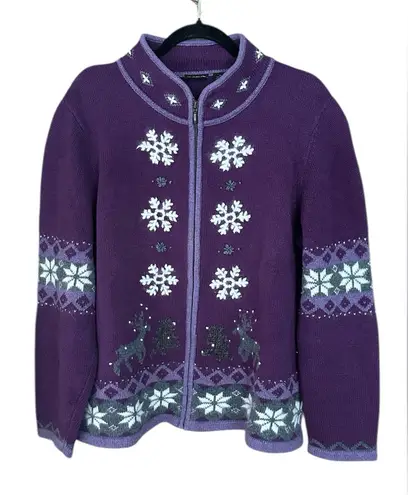 Guide Series Purple Nordic Zip Front Sweater Snowflake Reindeer Women’s XL - Image 1