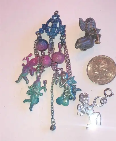 Angel Pins & Charm Colorful Boho Brooch Pewter Shoulder Pin Silver Tone Charm