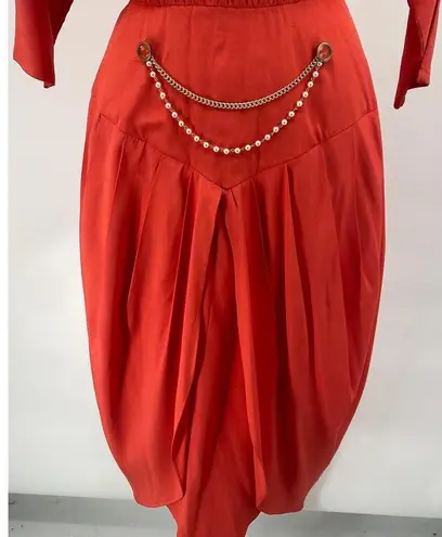 Vintage 80s Midi Sheath Dress Dolman Sleeve Pearl Chain Waist Coral Gold Small Orange