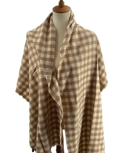 Hat Attack Blanket Scarf Oversized Beige Tan Checkered Fringed Scarf New