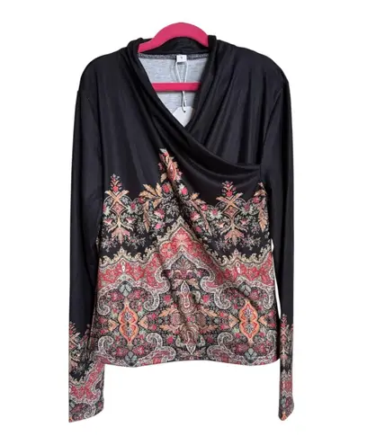 Made with Love Black Red Brown Green Paisley Knit Top Crossover V Neck S