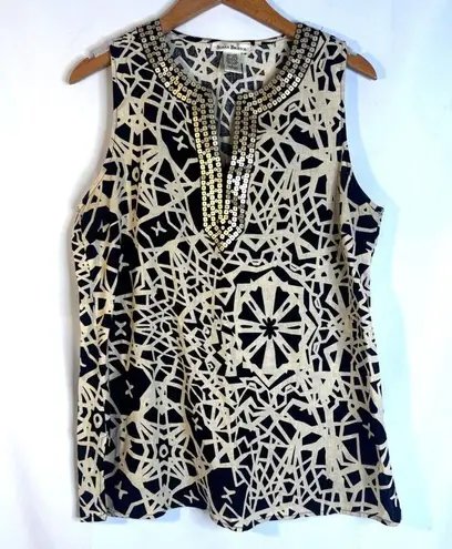 Susan Bristol Bold Black Tan Abstract Geo Print Linen Blend Tank Blouse Size LRG