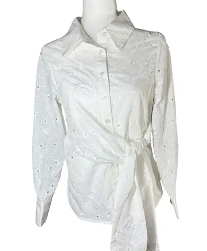 Gracia Bow Waist Long Sleeve Embroidered Full Button Top Size Small Minimalist