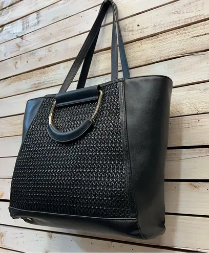 INC Intl Concepts Ajae Bangle Tote Black Gold Vegan Leather Shoulder Bag