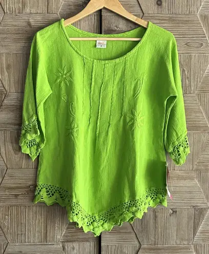 NWT Manta Del Lago Cotton Top Sz Small Green 3/4 Sleeve Pointed Hem