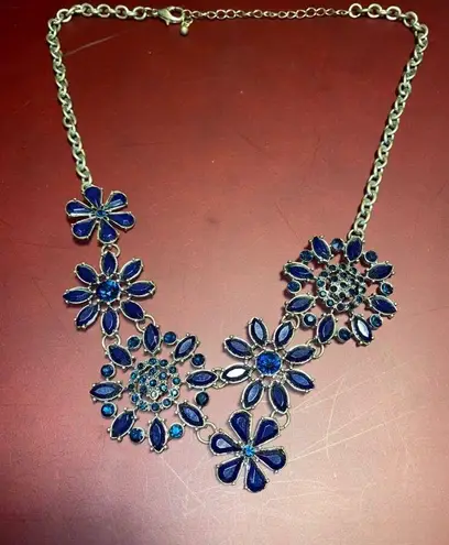 Bib Blue Floral Flowers Statement Necklace Art Deco Design Lobster Adjustable