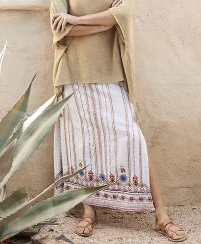 Johnny Was Los Angeles Frederique Embroidered Side Slit Linen White Maxi Skirt