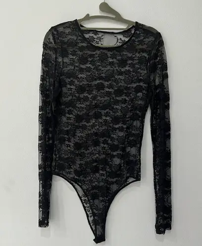 Ladies Long Sleeve Floral Lace Leotard Bodysuits Top Sz M Black Size M