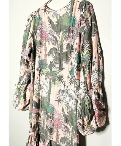 LoboRosa Pink Floral Puff Sleeve Palms Button Front Up Dress Size Large