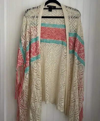 Casual Express Poncho Kimono Lace Crochet Fringe Cream with Aqua and Coral Large Blue