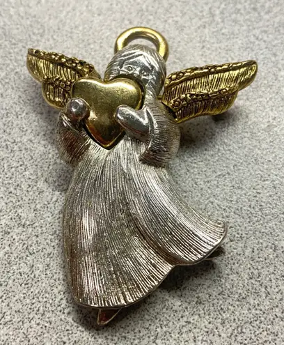 LC Signed Two Tone Angel Pin Brooch Silver Tone Body Gold Heart Wings & Halo