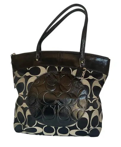 Coach Tote Bag Signature Black Khaki with Patent Leather Trim Purse