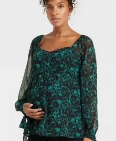Isabel Maternity puff sheer sleeves sweetheart neck green botanicals blouse M