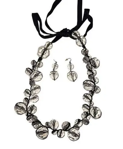 Statement Lucite Crystal Beads Earrings Necklace Choker Set Jewelry Ribbon Tie Black