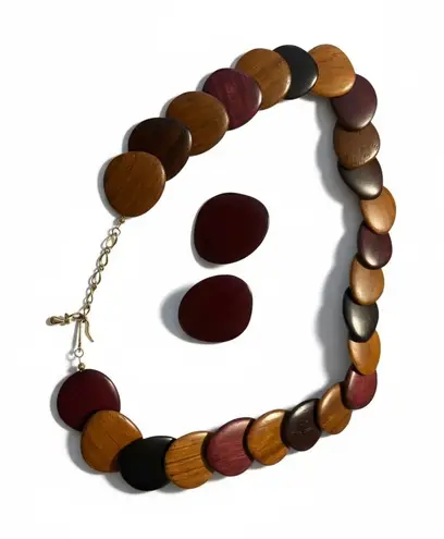 Wooden Disc Necklace and Earrings Set Brown Purple Statement Jewelry Women
