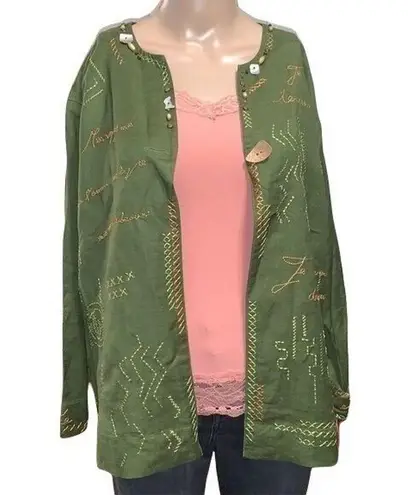 Ruby Rd Womens Shirt Jacket Embroidered Beaded Linen Blend Green Size 10