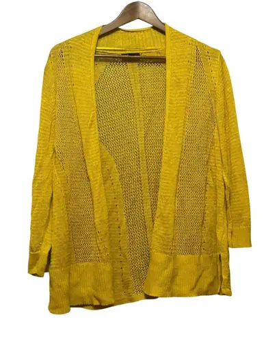 Alfani Open Knit Cardigan Yellow Linen Blend Lightweight Slit Hem Layering L/G