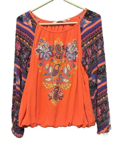 Soft Surroundings Embroidered Peasant Blouse Long Sleeve Bohemian Orange Large