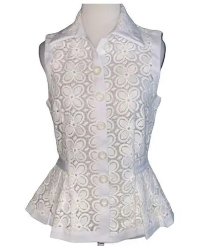 White Large Floral Lace Sleeveless Collared Button Down Front Peplum Top S