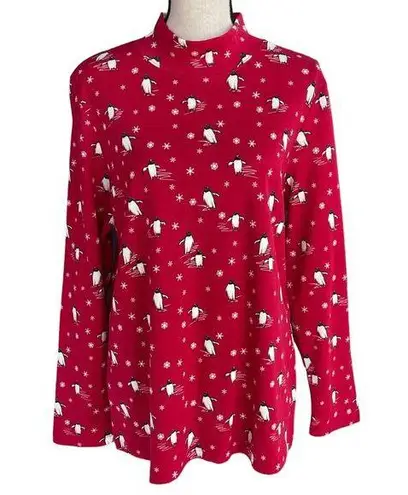 Karen Scott X-Large Top Holiday Penguins Snowflake Long Sleeve Stretch Mock Neck