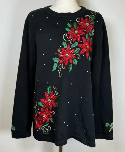 Basic Editions Holiday Sweater Cotton Blend Sequin Bead Embroidery Womens Large Black