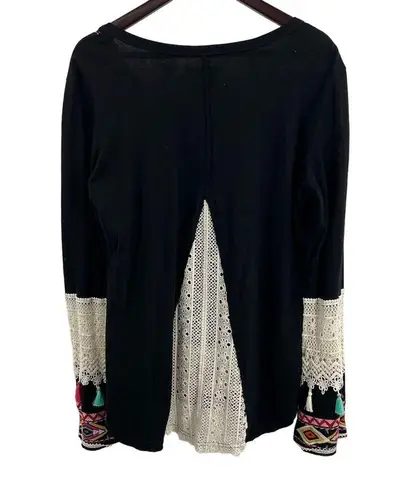 Judith March Top Black Boho Top Tassels Embroidered Crochet Bell Sleeve Large