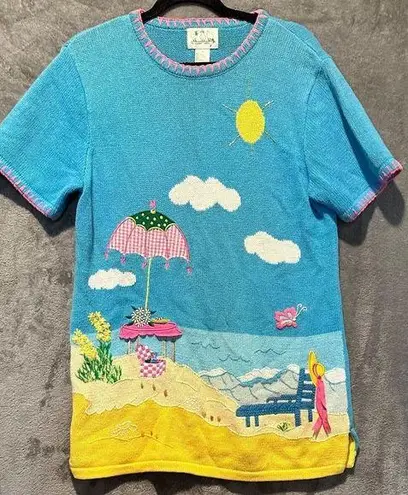 Quacker Factory Sweater Whimsical Beach Theme Short Sleeve Women's Adult Size S