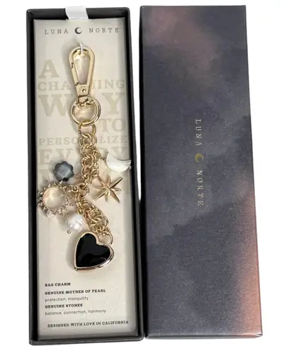 Luna Norte Mother Of Pearl Bag Charm Key Ring Clip Genuine Stone Moon Star Gold
