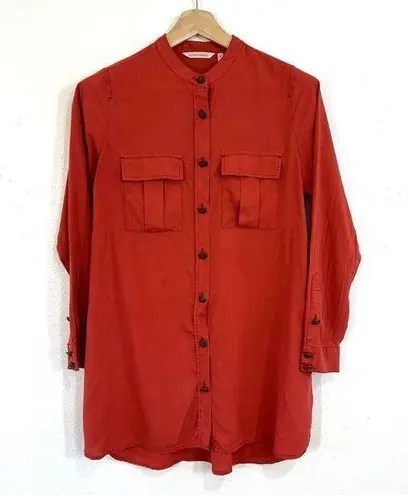 Soft Surroundings Blouse Top 100% Silk Small Red Long Sleeve Button Up No Collar
