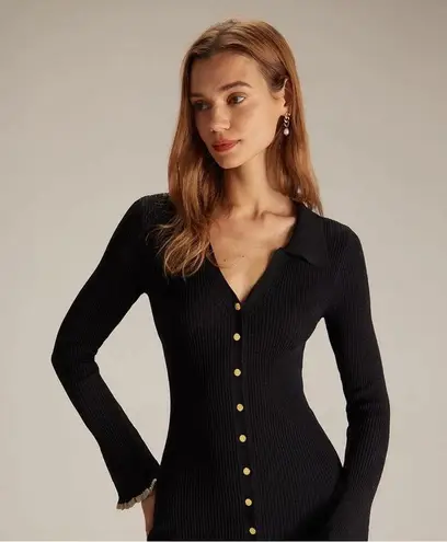 RIHOAS The Black V Neck Contrast Trim Knit Mini Dress XS