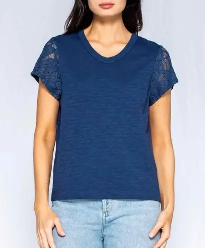 WILT Shrunken Crew Tee with Lace Sleeves Slub 100% Cotton Small Blue