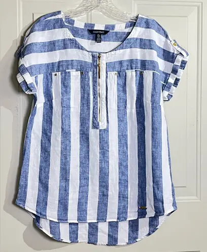 Ellen Tracy 100% Linen Blue White Striped Zip Front Short Sleeve Blouse Top S