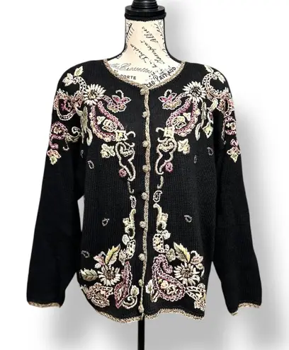 Heirloom Collectibles L Black Floral Embroidered Cardigan Boho Cottage Y2K NWT Size L