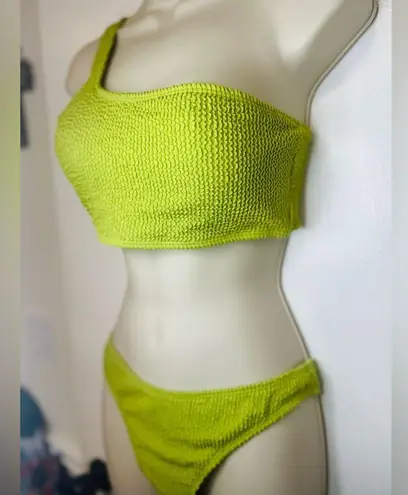 Women's Ribbed Bikini Set One Shoulder Top with Mid Waist Two Piece Size M Green Size M