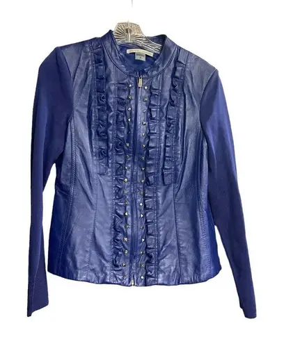 Peter Nygard Leather & Knit Blue Jacket Size Small Long Sleeves