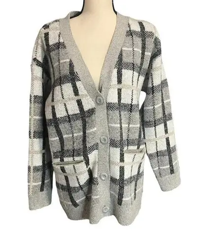 Cyrus | Women's Black Gray White Plaid Wool Blend Pockets Grandpa Cardigan Sz M