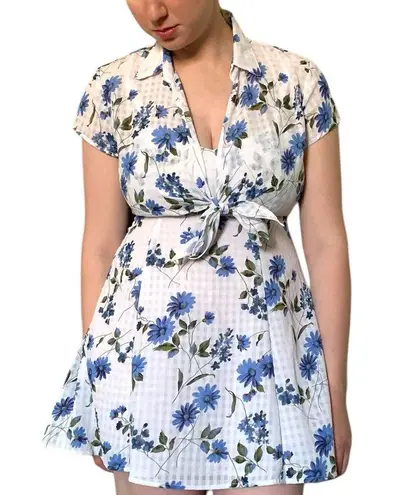 Coquette white checkered print blue floral two piece tie summer dress set