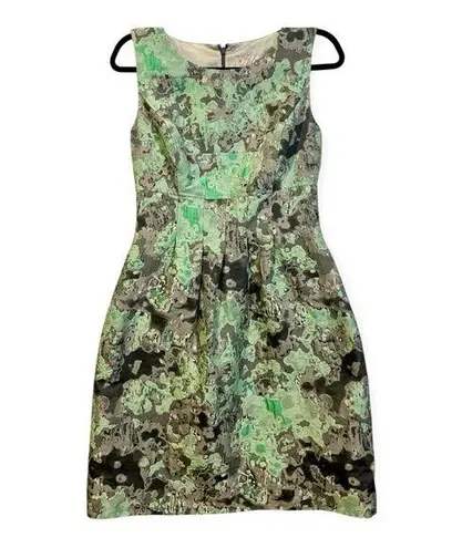 Stunning Lela Rose Designer Abstract Pattern Silk Lined Brocade Midi Dress 8 Green
