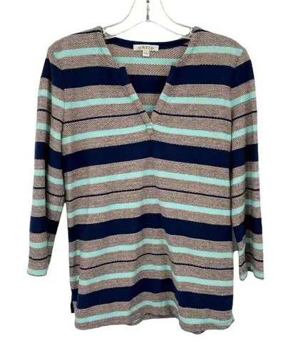 Orvis Shirt Womens Small Blue Gray Striped L/S V-Neck Pullover