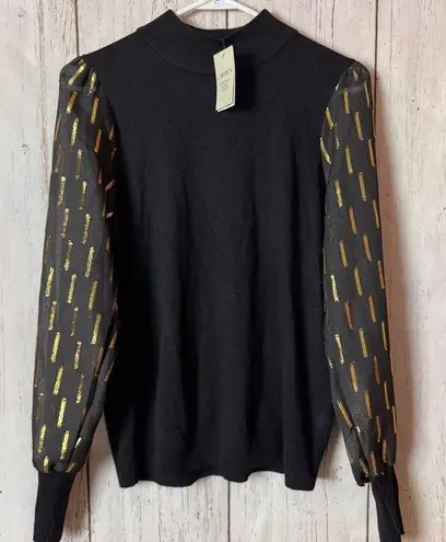 Carmen Marc Valvo Black and Gold Mock Neck Long Sleeve Sweater Sz M NWT