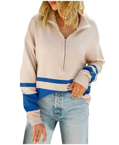 Amazon  Colorblock Lapel Half Zip Collar Long Sleeve Knit Pullover Sweater Size L - Image 1