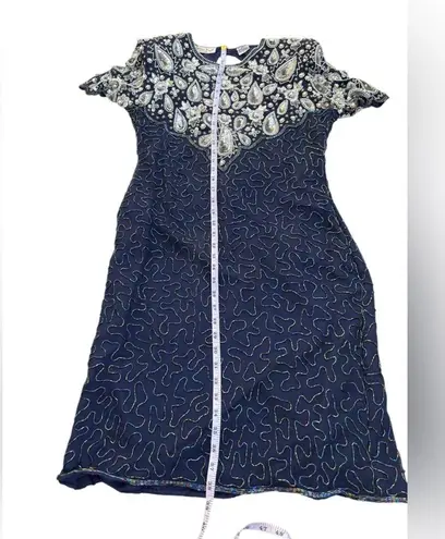 Laurence Kazar Vintage 1980s 100% silk navy blue beaded/embellished dress size L