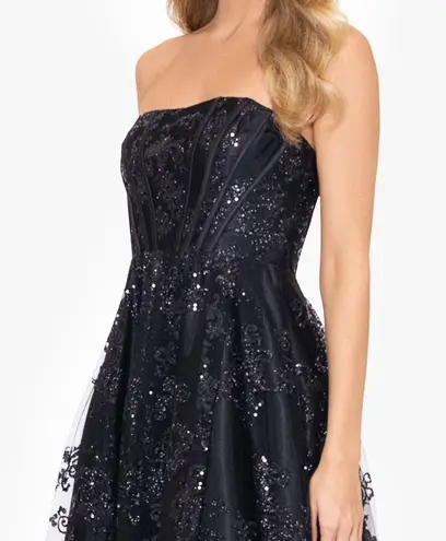 Blondie Nites “Tori” Strapless Glitter Mesh Corset Gown Black Junior’s Sz 13