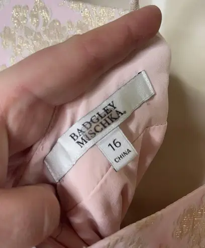Badgley Mischka Pink Golden Hue Jaquard Spaghetti Strap Mini Dress sz 16