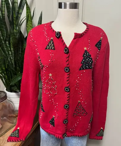 Vintage Holiday Cardigan Ramie Cotton Christmas Tree Beaded M Red Size M